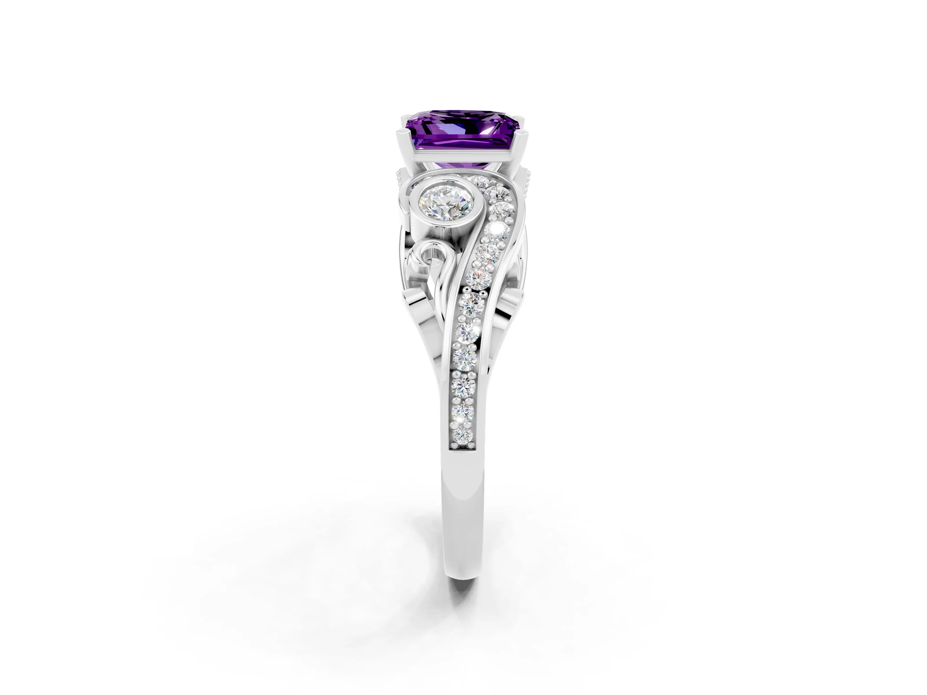 White gold Princess Cut Amethyst Solitaire Ring with Milgrain Pavé Band and Four-Prong Setting_50