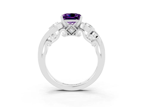 White gold Princess Cut Amethyst Solitaire Ring with Milgrain Pavé Band and Four-Prong Setting_51