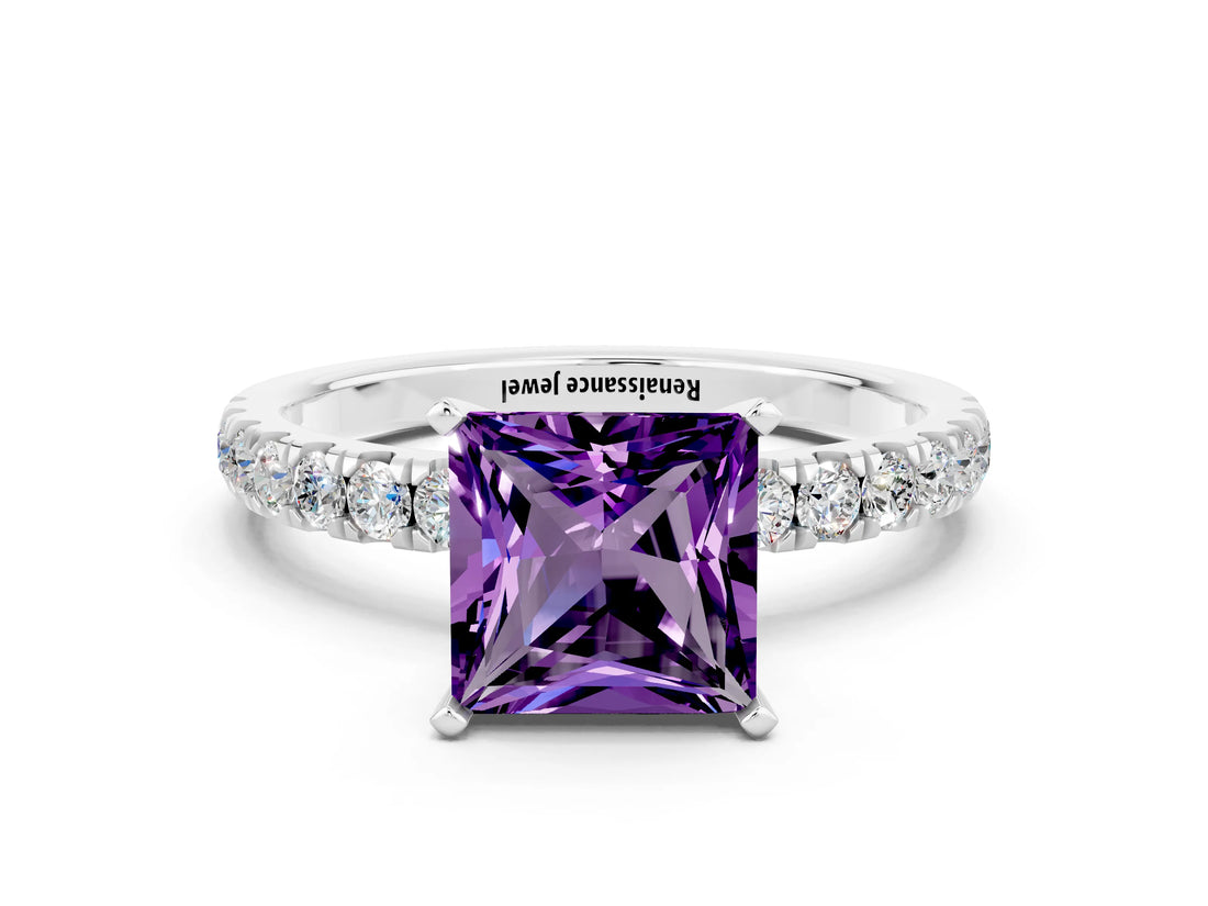 White gold Princess Cut Amethyst Solitaire Ring with Pavé Accents and Four-Prong Setting