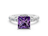 White gold Princess Cut Amethyst Solitaire Ring with Pavé Accents and Four-Prong Setting