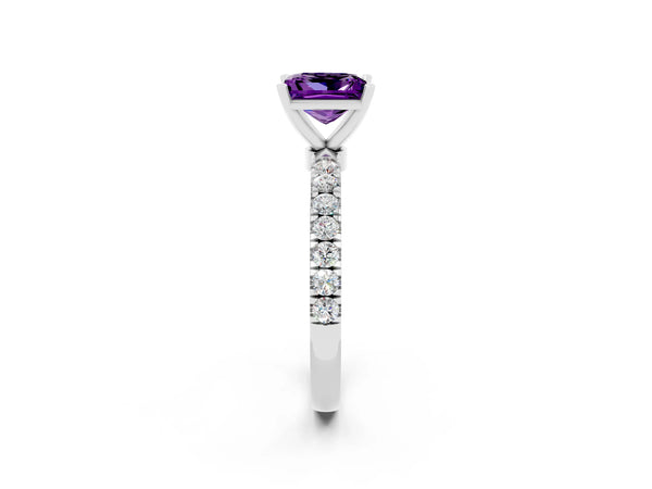 Platinum Princess Cut Amethyst Solitaire Ring with Pavé Accents and Four-Prong Setting