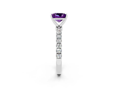 White gold Princess Cut Amethyst Solitaire Ring with Pavé Accents and Four-Prong Setting_2