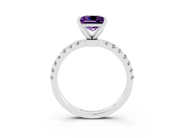 Platinum Princess Cut Amethyst Solitaire Ring with Pavé Accents and Four-Prong Setting