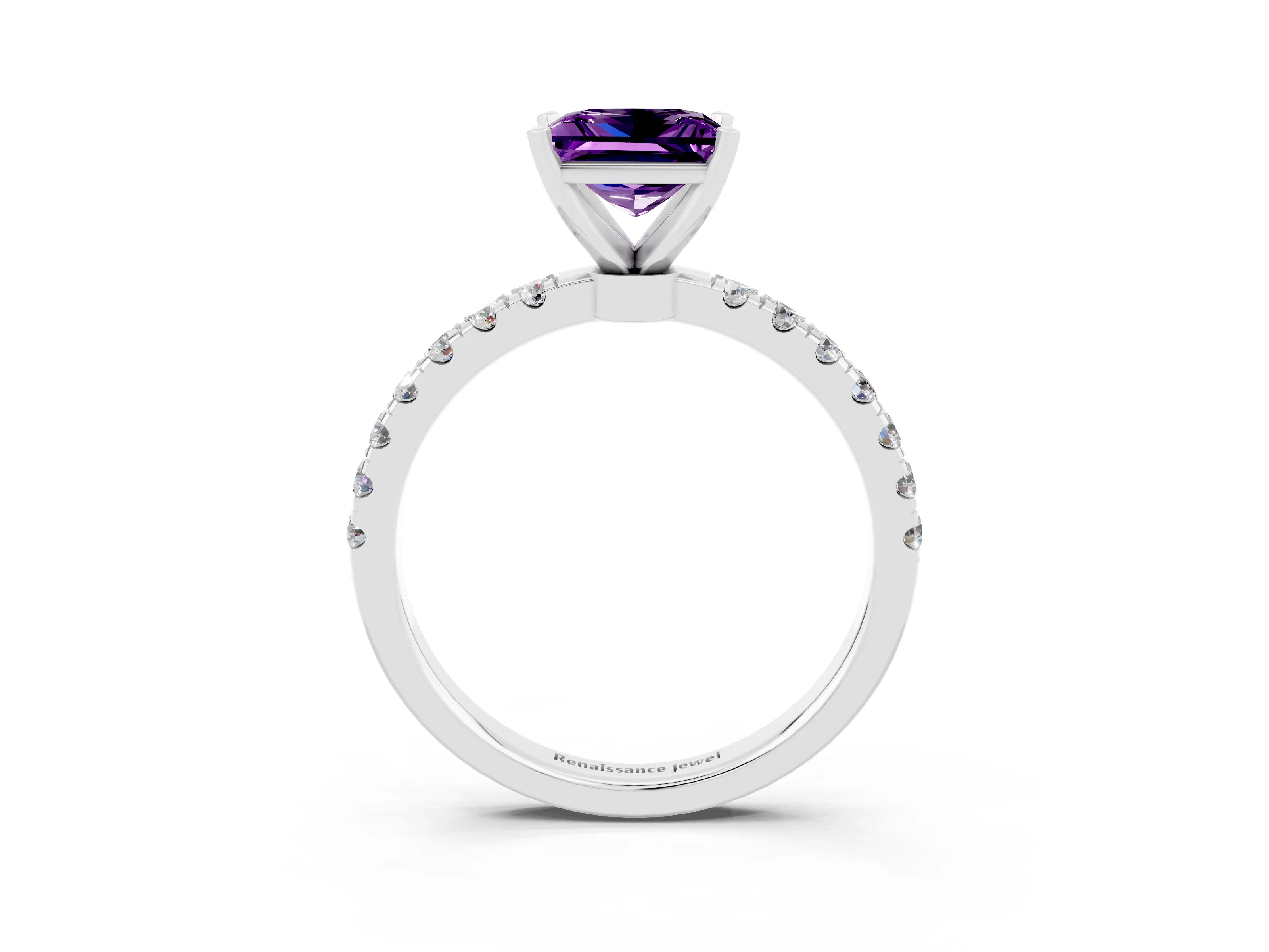 White gold Princess Cut Amethyst Solitaire Ring with Pavé Accents and Four-Prong Setting_3