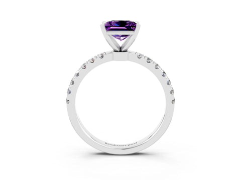 White gold Princess Cut Amethyst Solitaire Ring with Pavé Accents and Four-Prong Setting_3