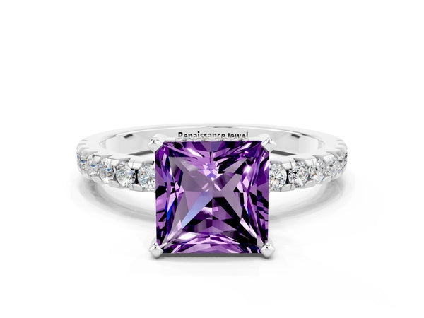 Platinum Princess Cut Amethyst Solitaire Ring with Round  Pavé Band and Four-Prong Setting