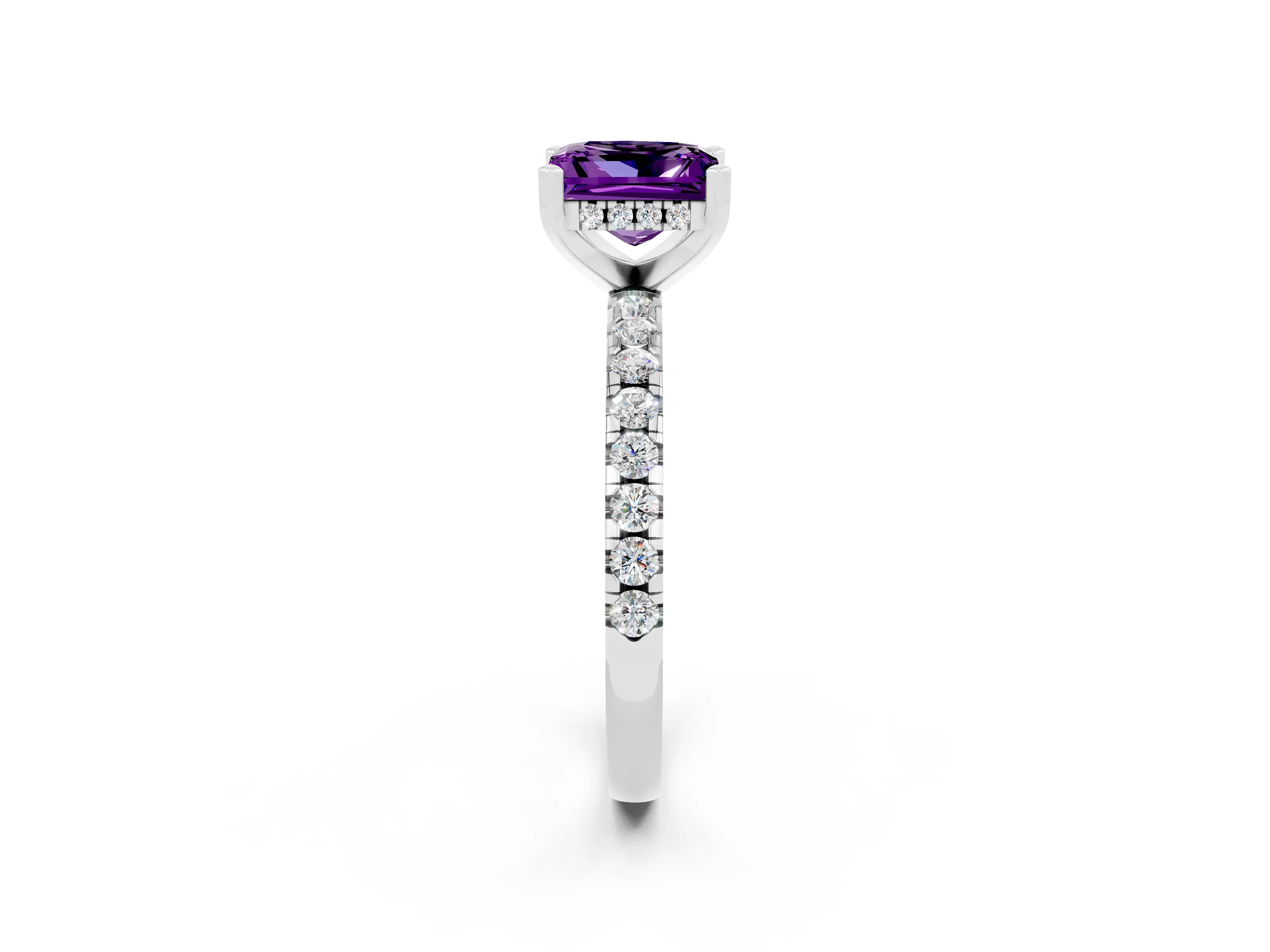 White gold Princess Cut Amethyst Solitaire Ring with Pavé Band and Four-Prong Setting_26