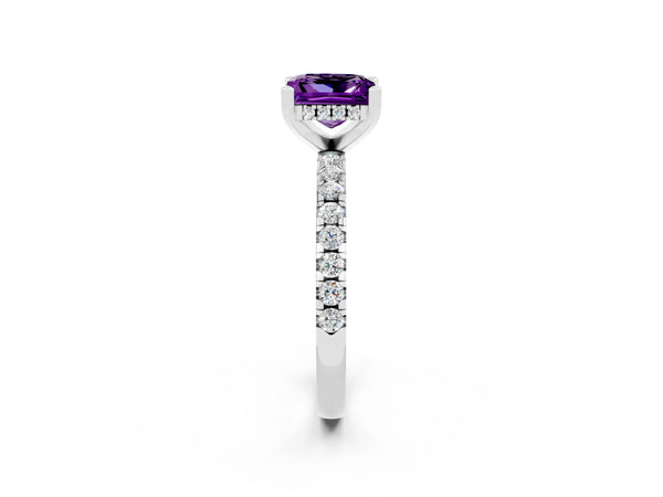 Platinum Princess Cut Amethyst Solitaire Ring with Round  Pavé Band and Four-Prong Setting