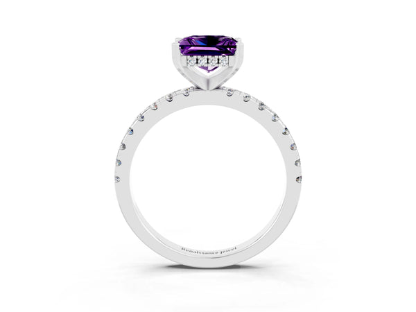 White gold Princess Cut Amethyst Solitaire Ring with Round  Pavé Band and Four-Prong Setting
