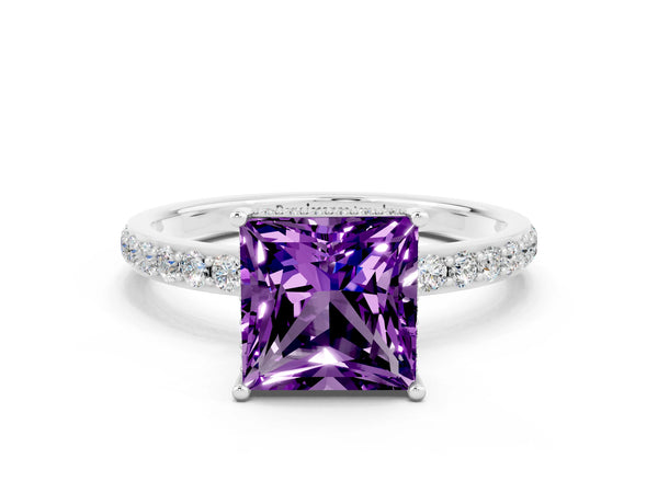 Platinum Princess Cut Amethyst Solitaire Ring with Pavé Band and Hidden Halo