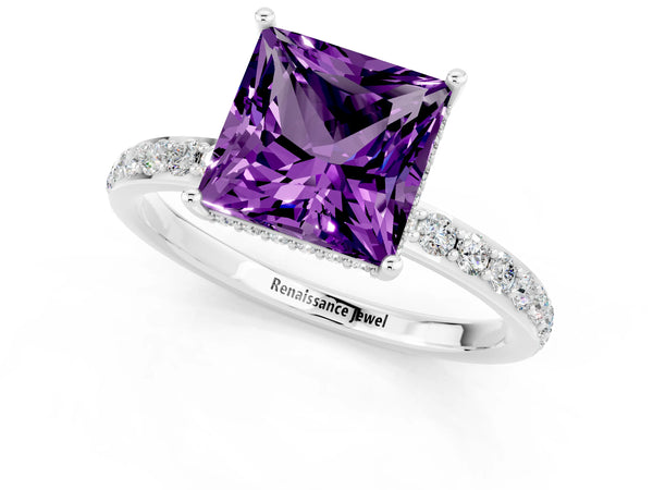 Platinum Princess Cut Amethyst Solitaire Ring with Pavé Band and Hidden Halo