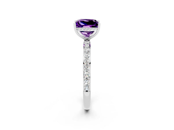 Platinum Princess Cut Amethyst Solitaire Ring with Pavé Band and Hidden Halo