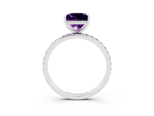 Platinum Princess Cut Amethyst Solitaire Ring with Pavé Band and Hidden Halo