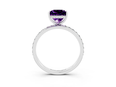 White gold Princess Cut Amethyst Solitaire Ring with Pavé Band and Hidden Halo_3