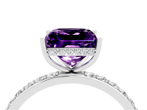 White gold Princess Cut Amethyst Solitaire Ring with Pavé Band and Hidden Halo_4