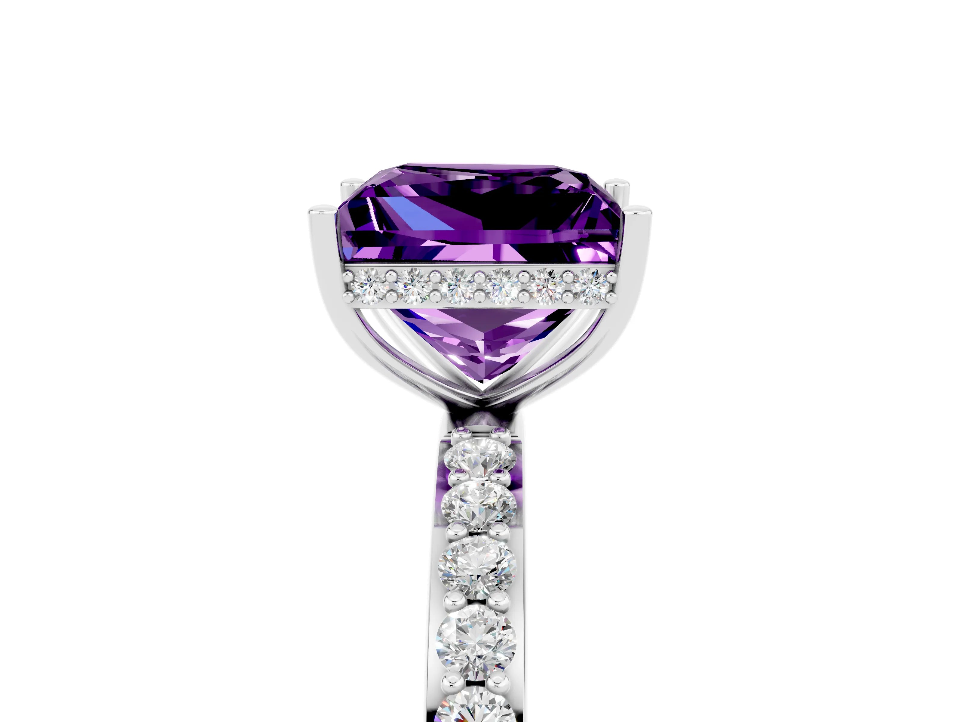 White gold Princess Cut Amethyst Solitaire Ring with Pavé Band and Hidden Halo_5
