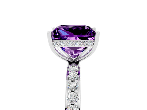 White gold Princess Cut Amethyst Solitaire Ring with Pavé Band and Hidden Halo_5