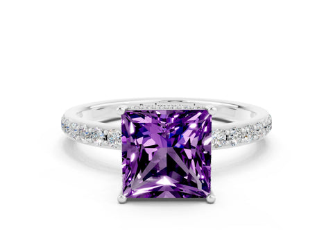 White gold Princess Cut Amethyst Solitaire Ring with Pavé Band and Hidden Halo