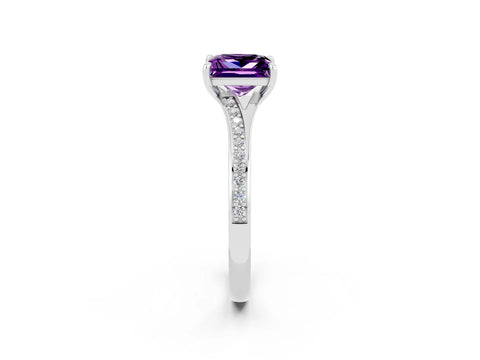 White gold Princess Cut Amethyst Solitaire Ring with Pavé Band and Prong Setting_2