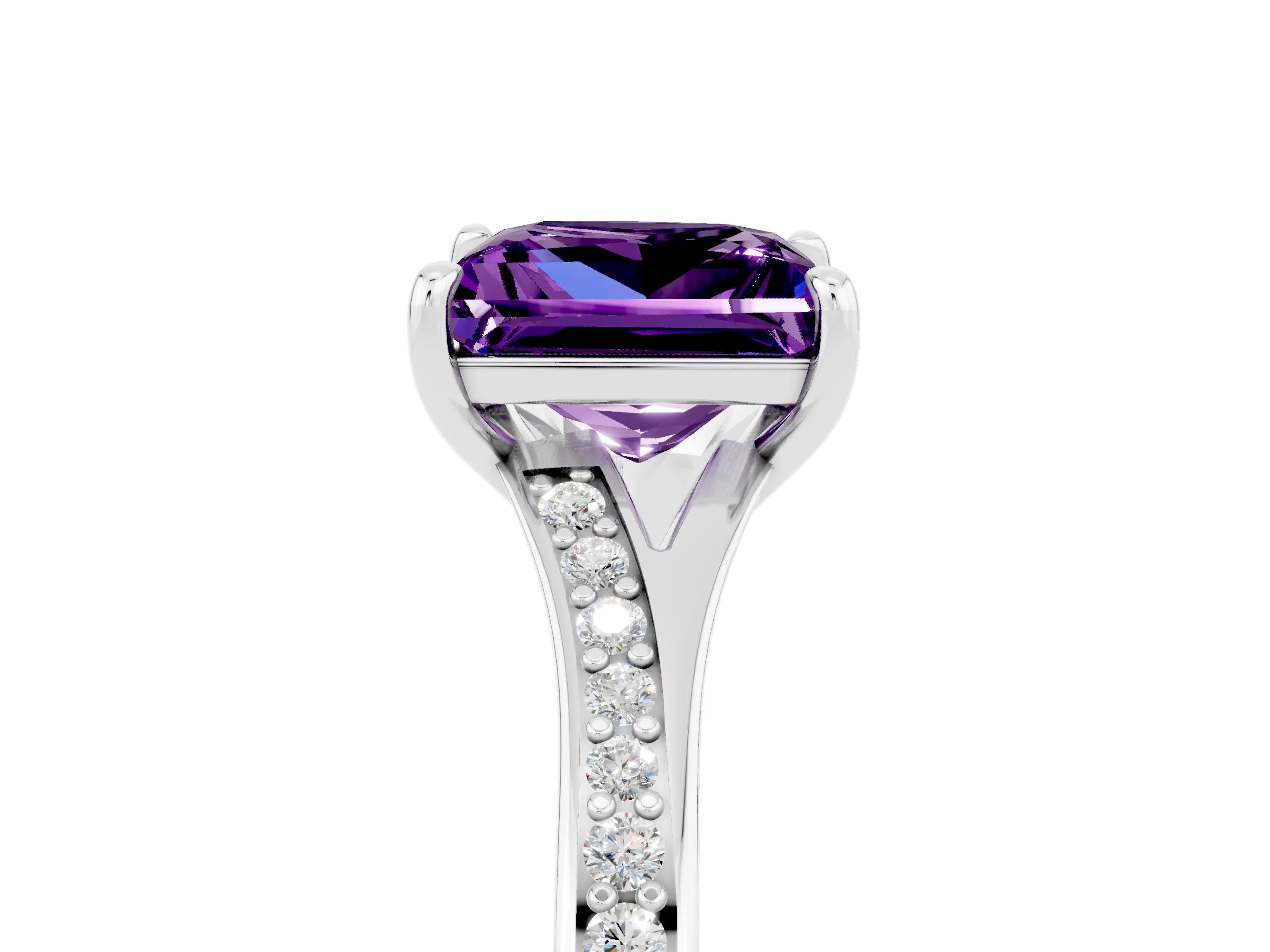 White gold Princess Cut Amethyst Solitaire Ring with Pavé Band and Prong Setting_5