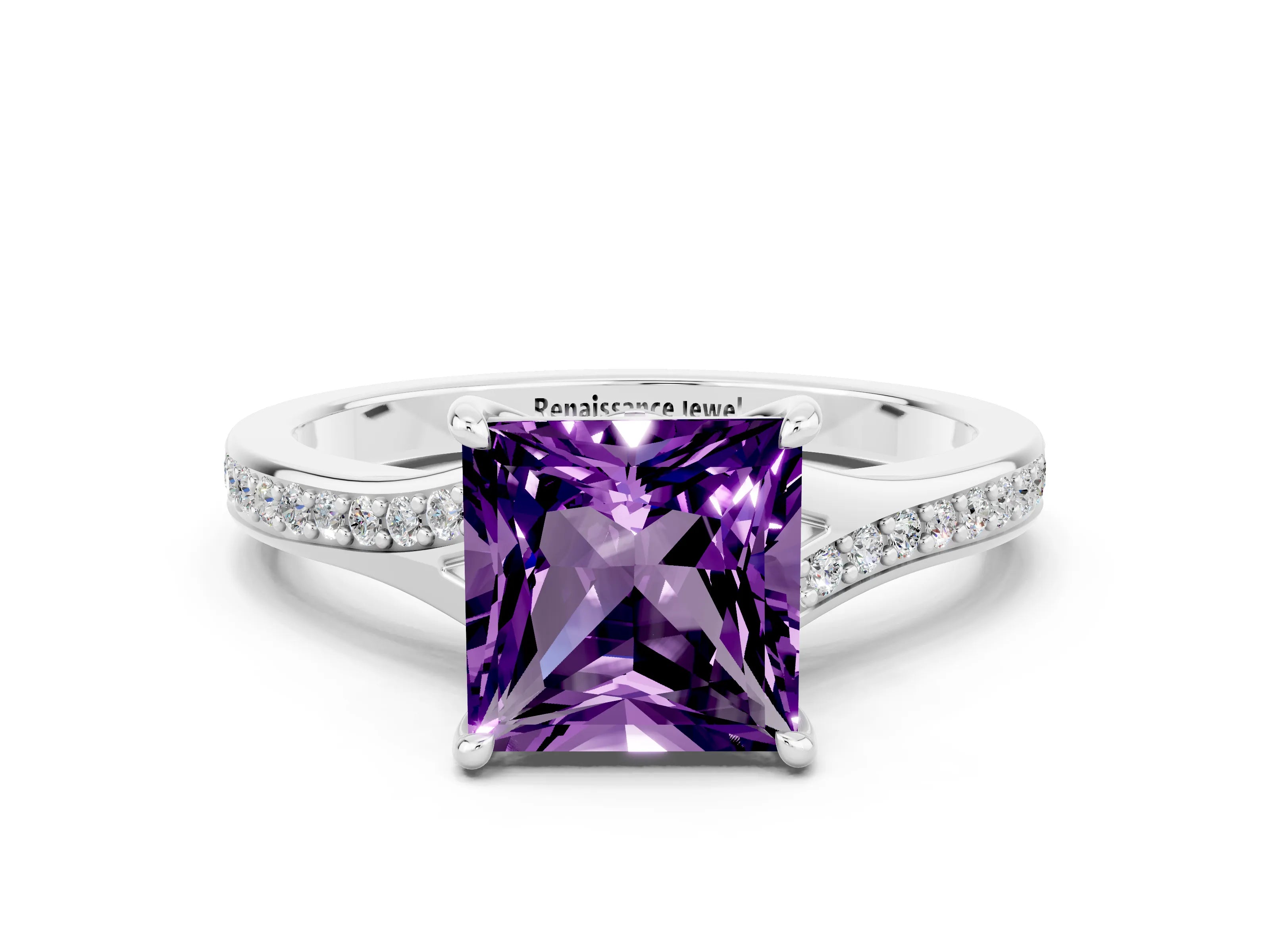 White gold Princess Cut Amethyst Solitaire Ring with Pavé Band and Prong Setting
