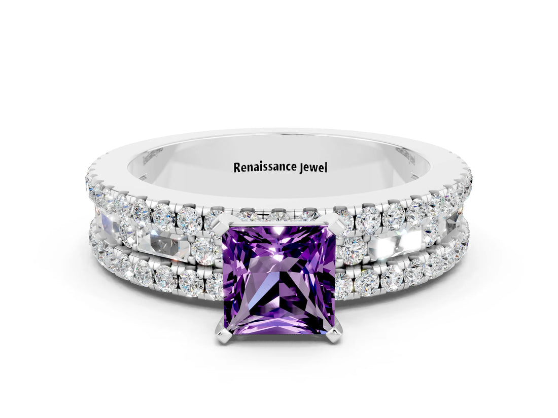 White gold Princess Cut Amethyst Solitaire Ring with Pavé and Channel Set Band_12