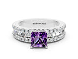 White gold Princess Cut Amethyst Solitaire Ring with Pavé and Channel Set Band_12
