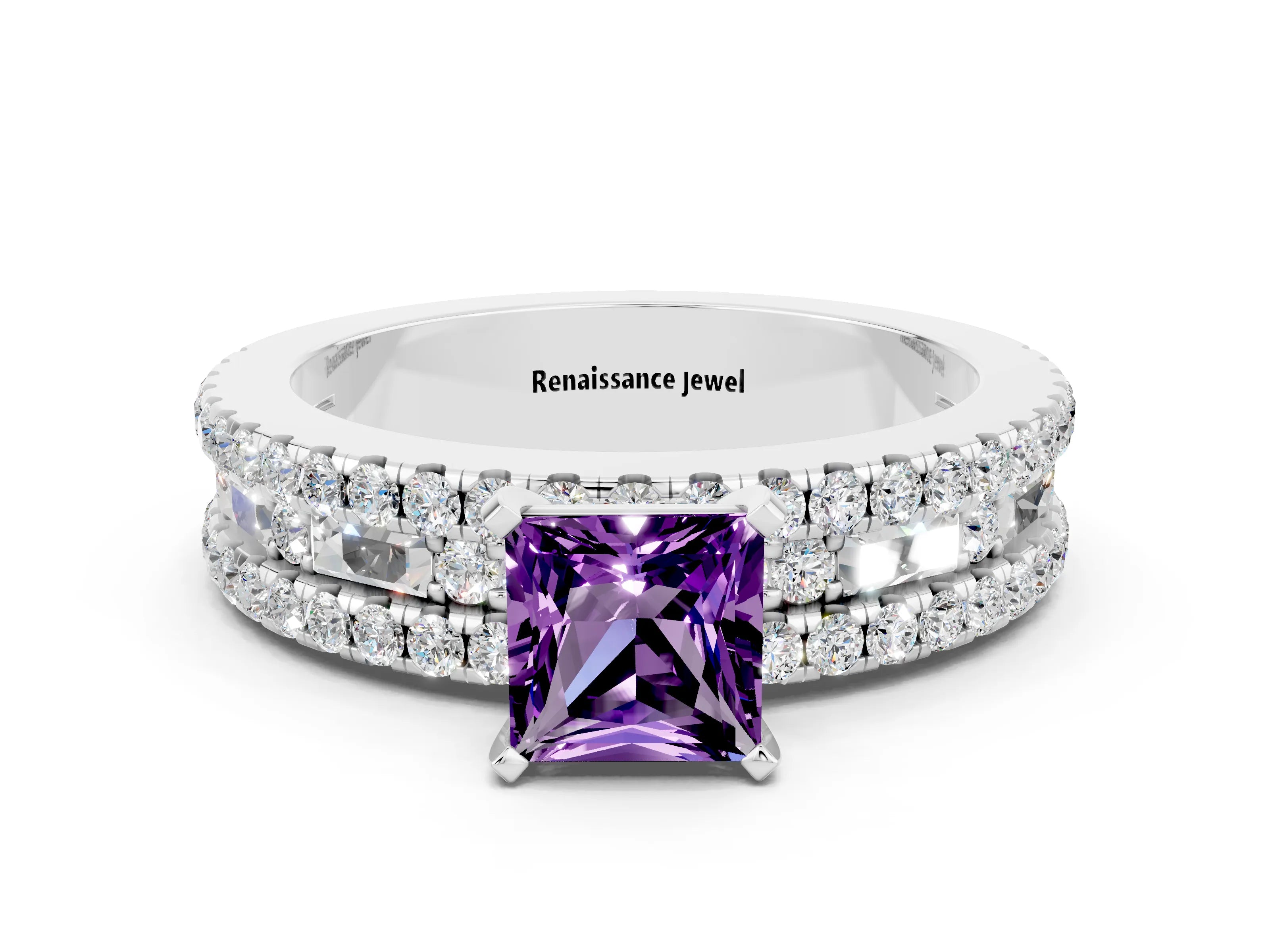White gold Princess Cut Amethyst Solitaire Ring with Pavé and Channel Set Band_12
