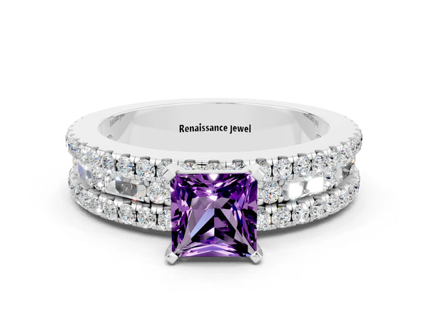 White gold Princess Cut Amethyst Solitaire Ring with Pavé and Channel Set Band