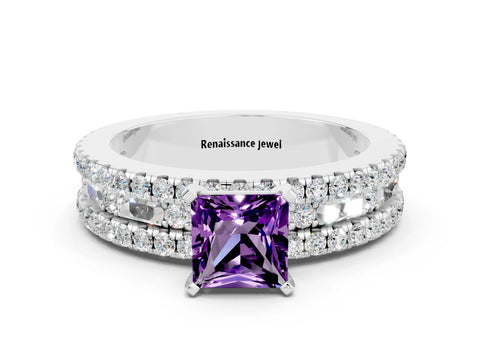 White gold Princess Cut Amethyst Solitaire Ring with Pavé and Channel Set Band_12