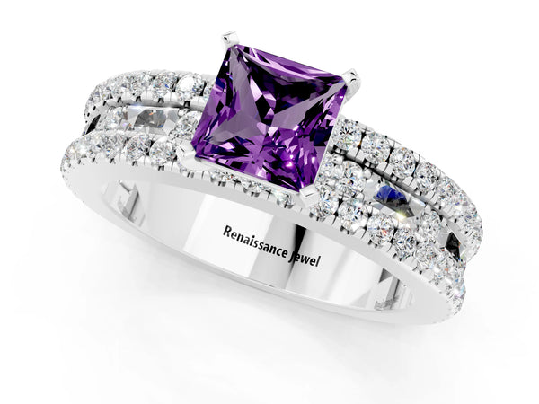 Silver Princess Cut Amethyst Solitaire Ring with Pavé and Channel Set Band
