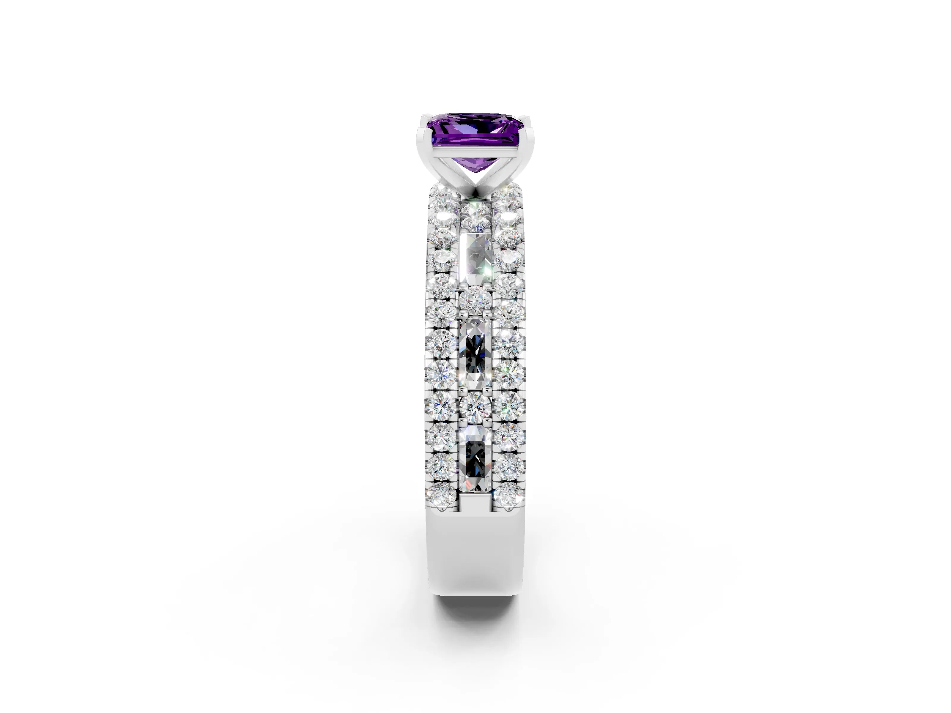White gold Princess Cut Amethyst Solitaire Ring with Pavé and Channel Set Band_14