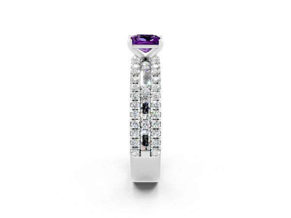 Platinum Princess Cut Amethyst Solitaire Ring with Pavé and Channel Set Band