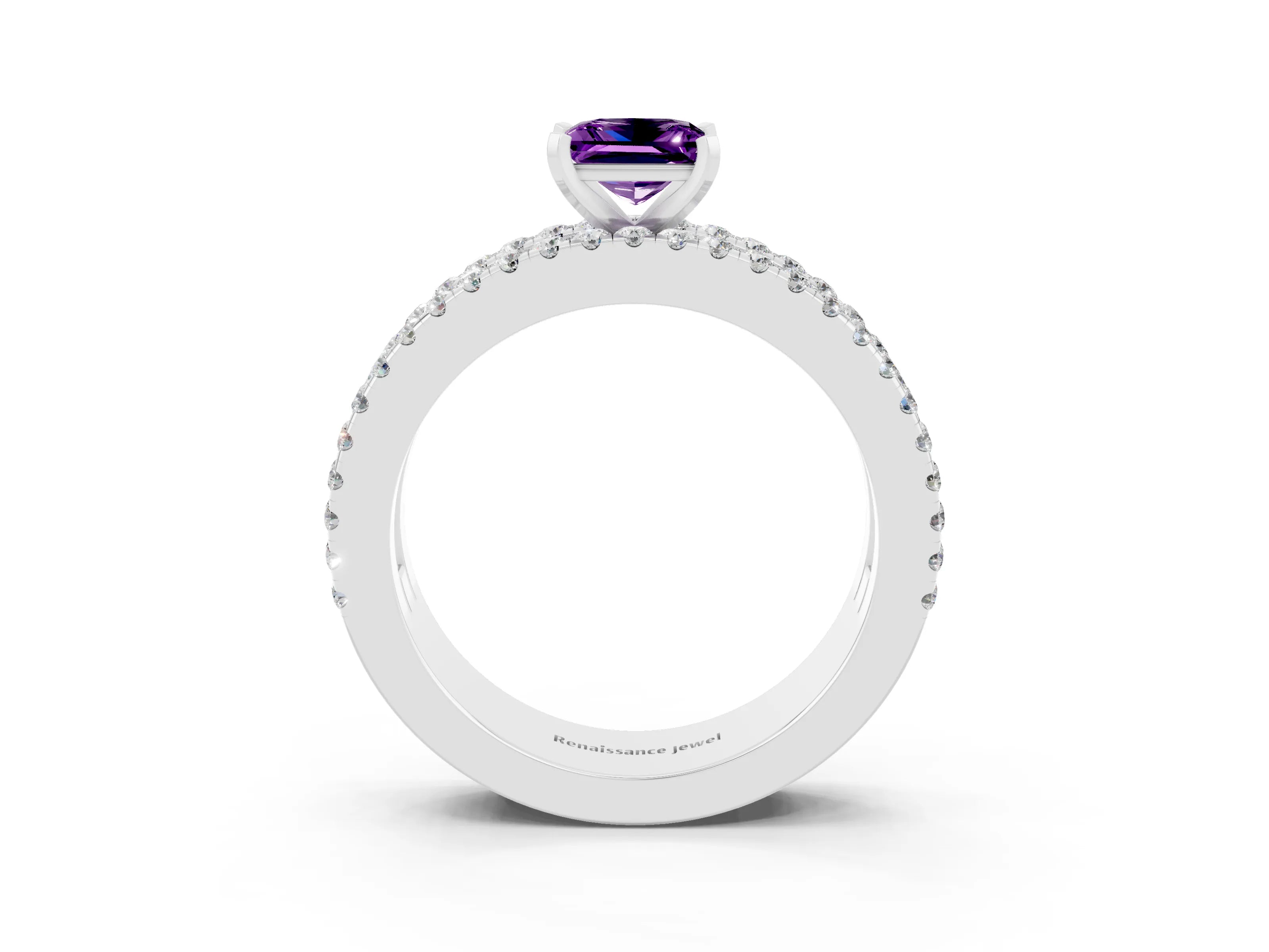 White gold Princess Cut Amethyst Solitaire Ring with Pavé and Channel Set Band_15