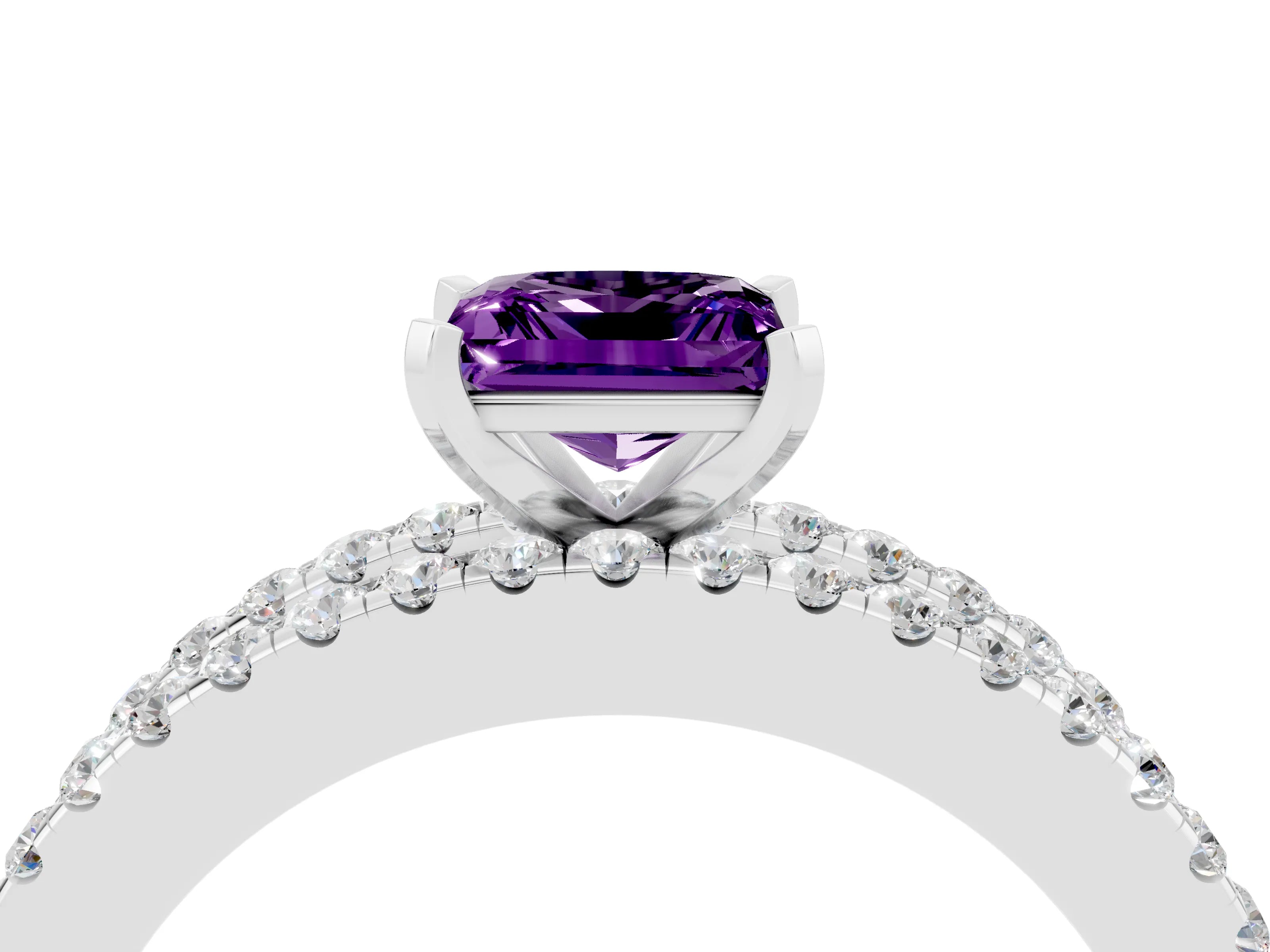 White gold Princess Cut Amethyst Solitaire Ring with Pavé and Channel Set Band_16