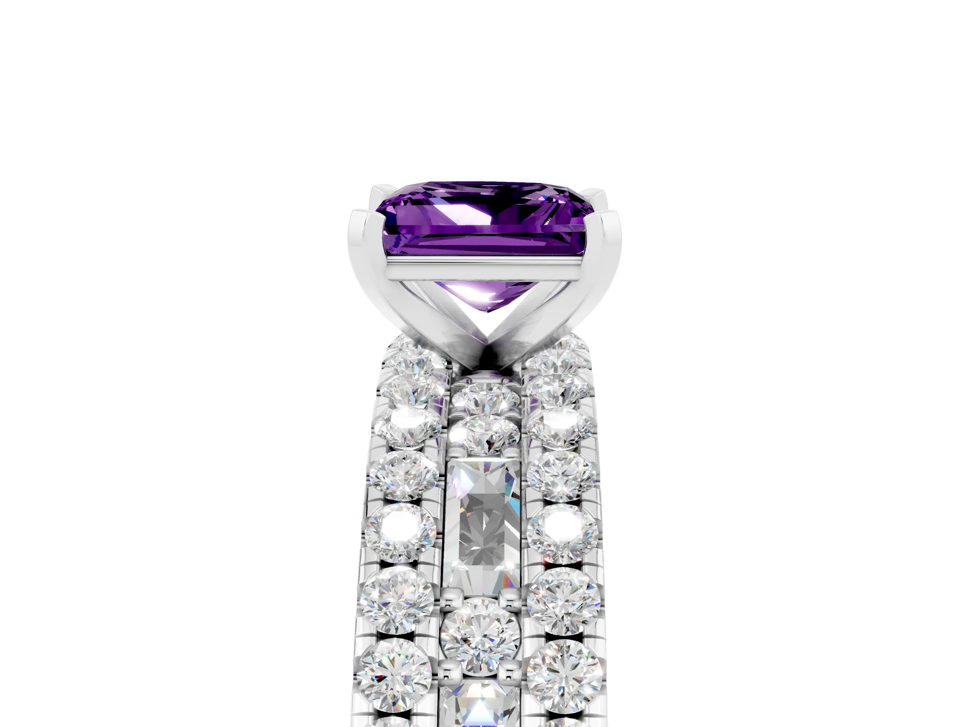 White gold Princess Cut Amethyst Solitaire Ring with Pavé and Channel Set Band_17