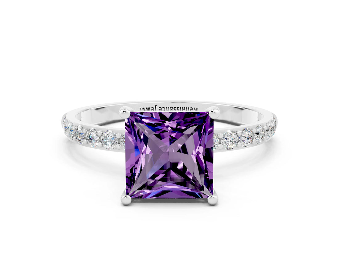 White gold Princess Cut Amethyst Solitaire Ring with Pave Band and Four Prong Setting_24