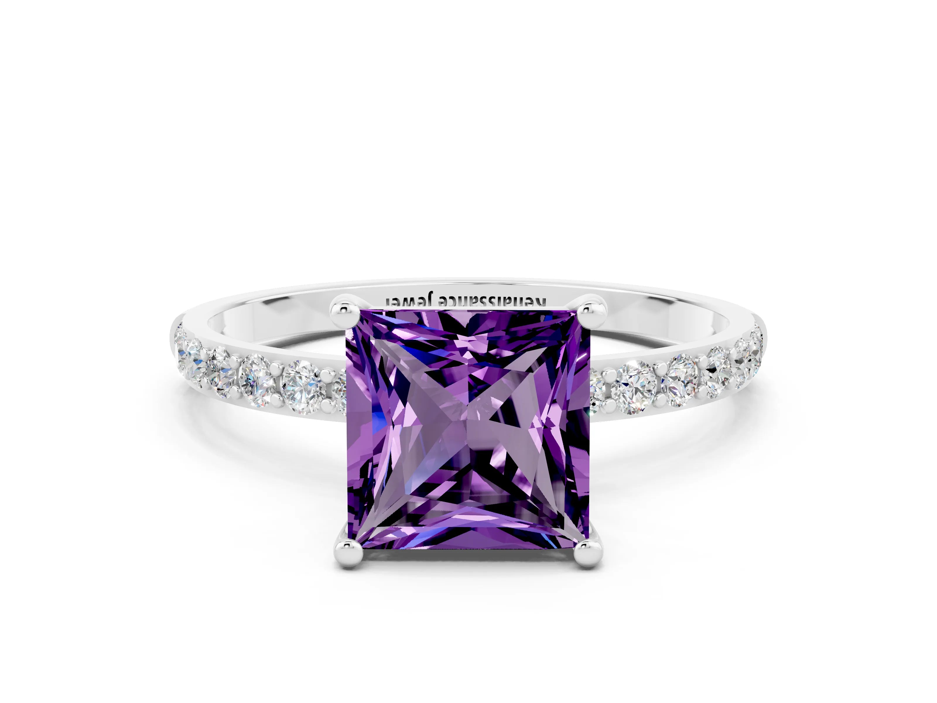 White gold Princess Cut Amethyst Solitaire Ring with Pave Band and Four Prong Setting_24