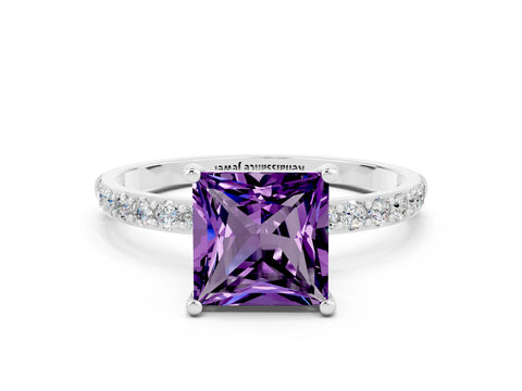 White gold Princess Cut Amethyst Solitaire Ring with Pave Band and Four Prong Setting_24