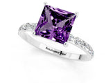 White gold Princess Cut Amethyst Solitaire Ring with Pave Band and Four Prong Setting_25