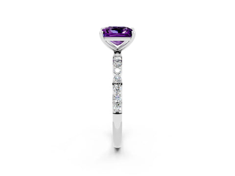 White gold Princess Cut Amethyst Solitaire Ring with Pave Band and Four Prong Setting_26