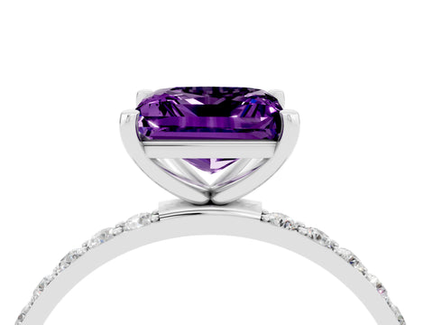 White gold Princess Cut Amethyst Solitaire Ring with Pave Band and Four Prong Setting_28