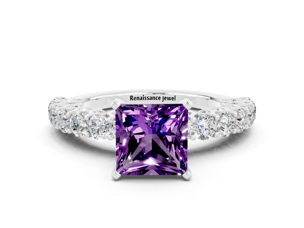 Platinum Princess Cut Amethyst Solitaire Ring with Shared Prong Pavé Band and Four-Prong Setting