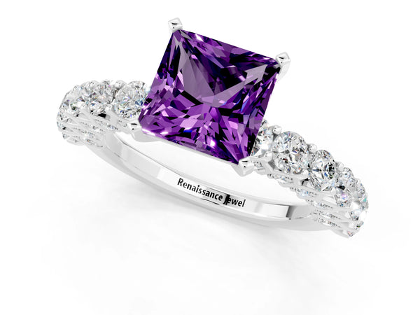 Platinum Princess Cut Amethyst Solitaire Ring with Shared Prong Pavé Band and Four-Prong Setting