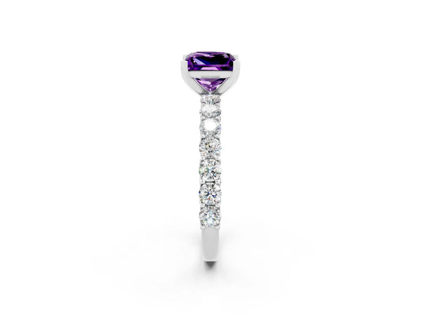 Platinum Princess Cut Amethyst Solitaire Ring with Shared Prong Pavé Band and Four-Prong Setting