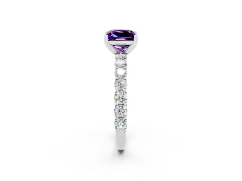 White gold Princess Cut Amethyst Solitaire Ring with Shared Prong Pavé Band and Four-Prong Setting_2
