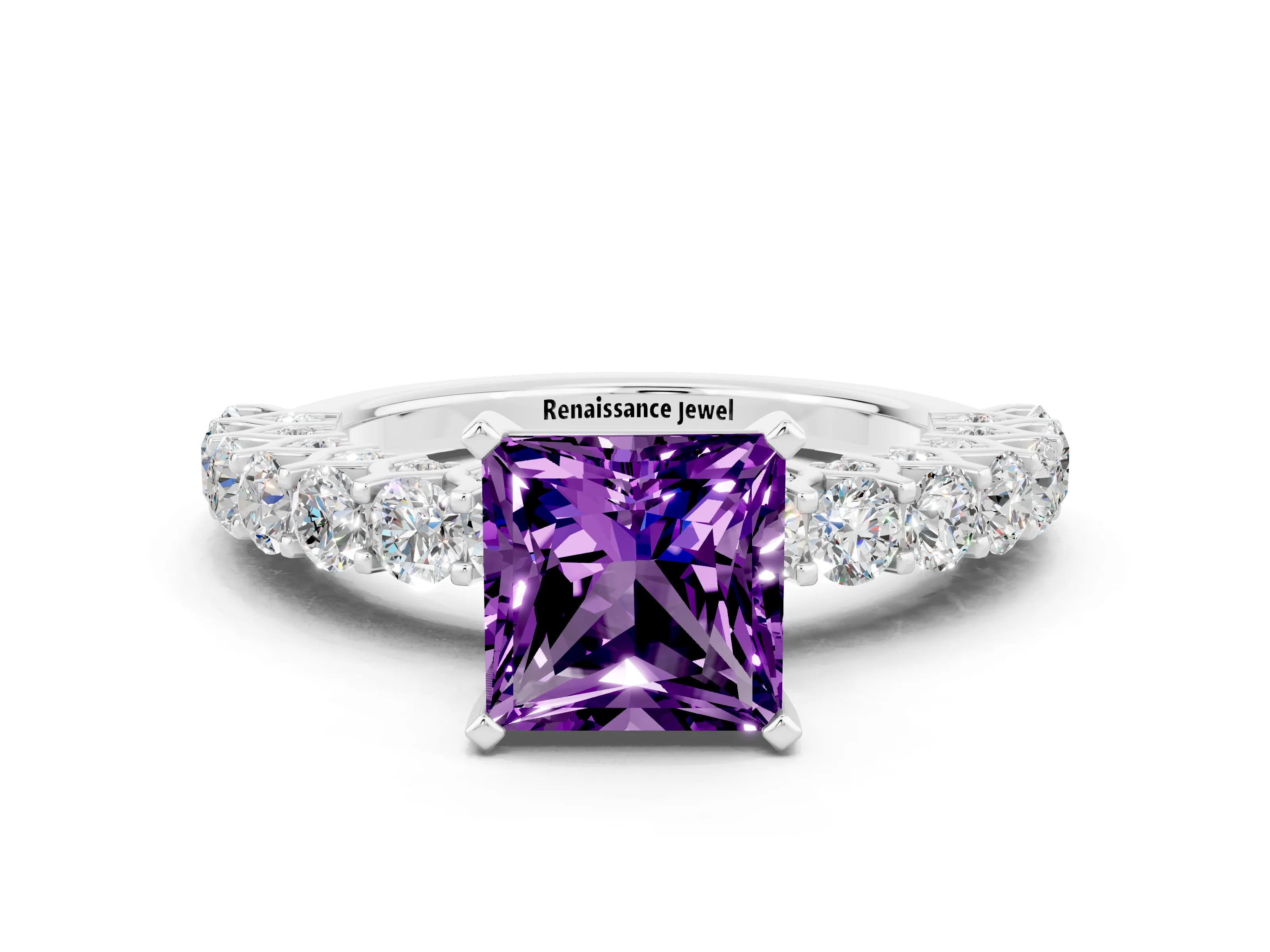 White gold Princess Cut Amethyst Solitaire Ring with Shared Prong Pavé Band and Four-Prong Setting