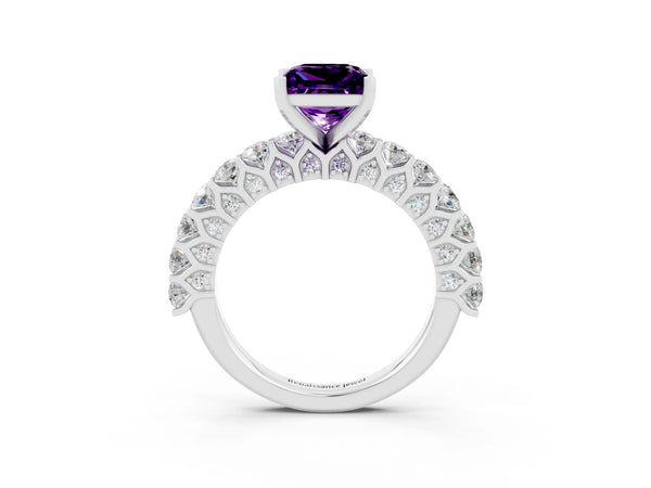 Platinum Princess Cut Amethyst Solitaire Ring with Shared Prong Pavé Band and Four-Prong Setting