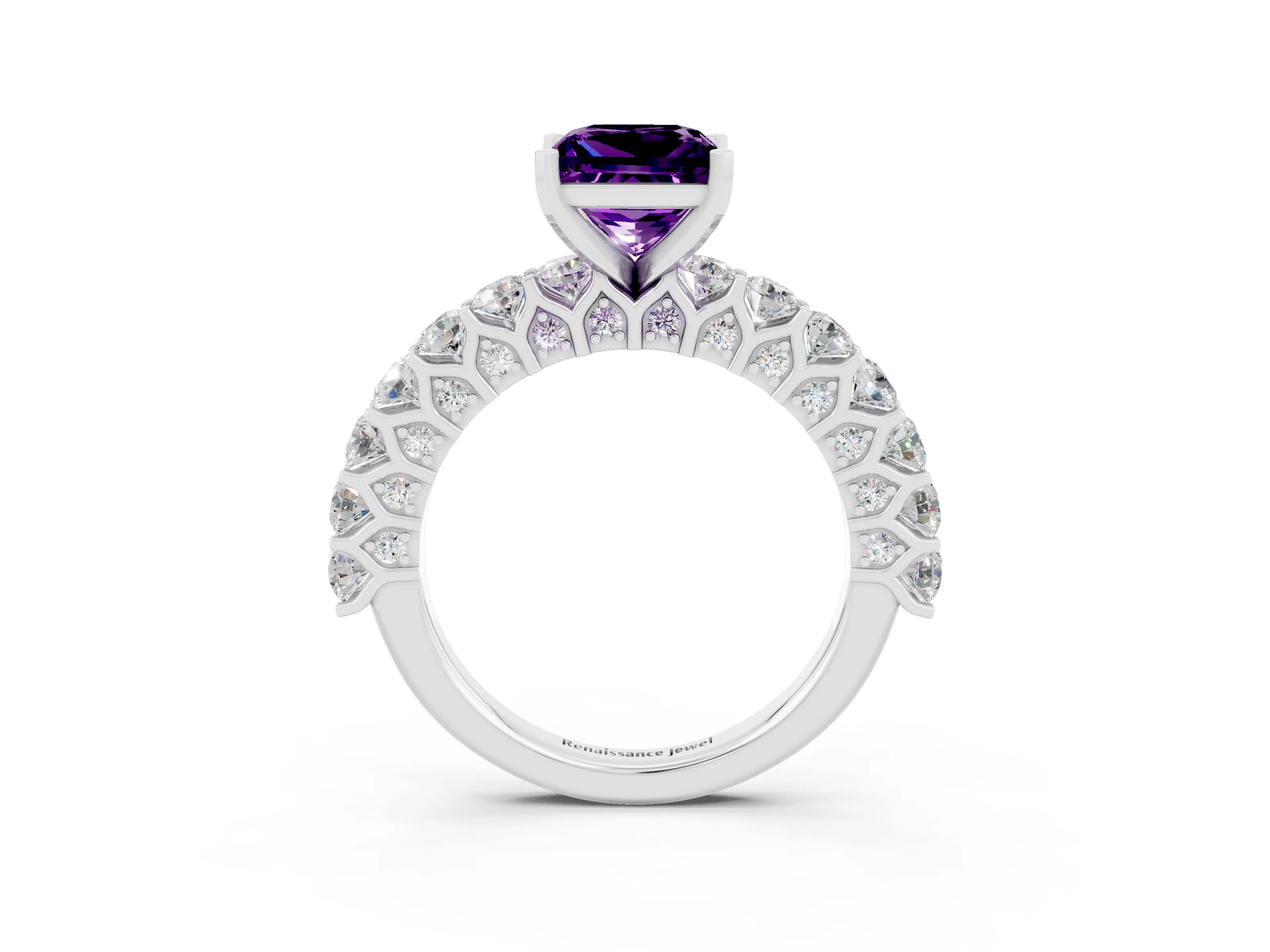 White gold Princess Cut Amethyst Solitaire Ring with Shared Prong Pavé Band and Four-Prong Setting_3