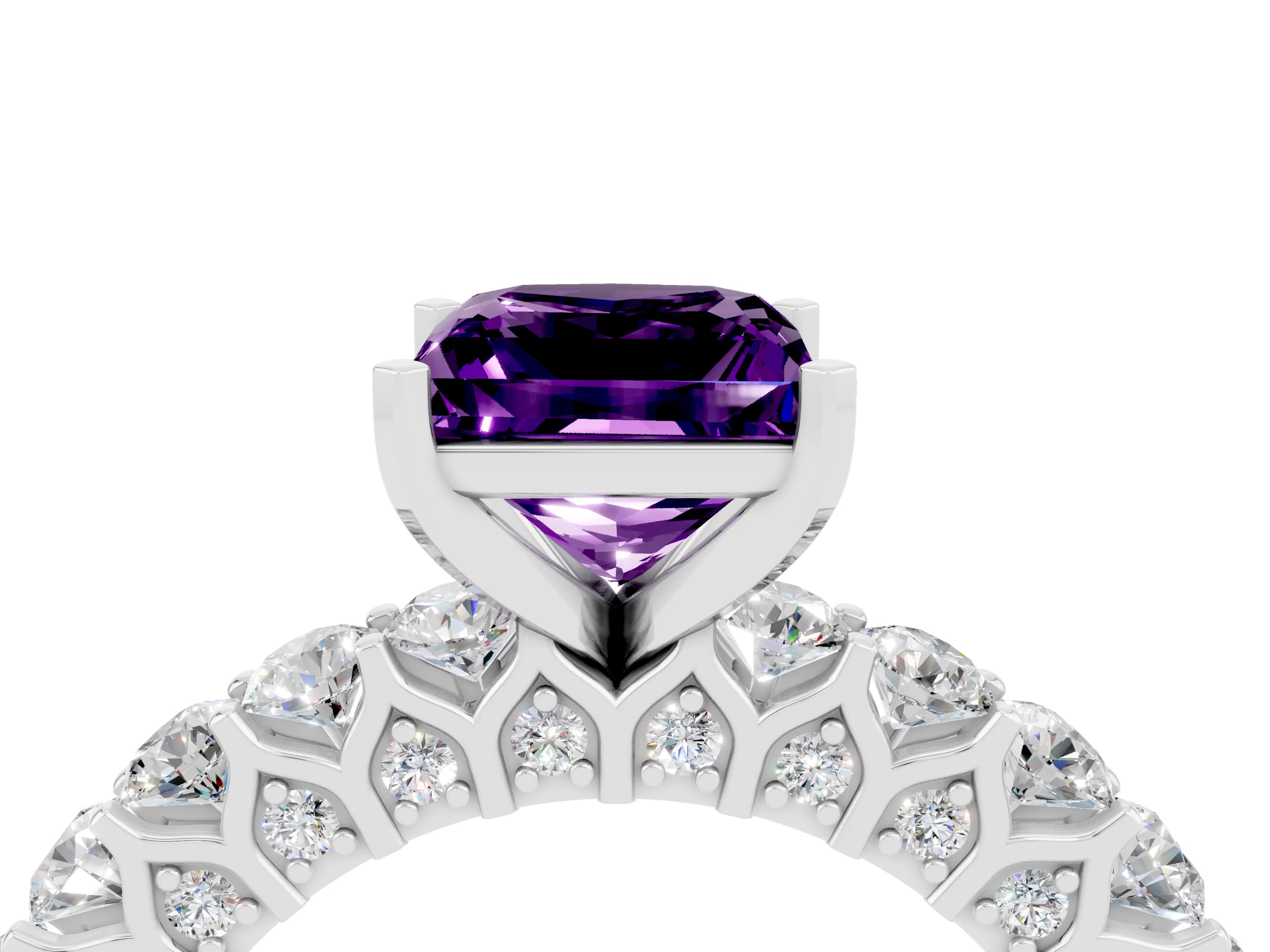 White gold Princess Cut Amethyst Solitaire Ring with Shared Prong Pavé Band and Four-Prong Setting_4